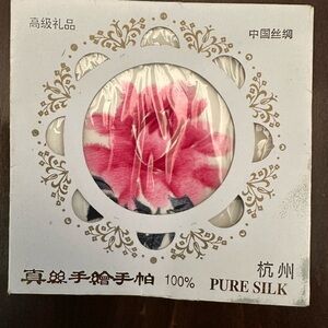 Brand new vintage Chinese silk Handkerchief, hand painted, 10” X 10, pink flower